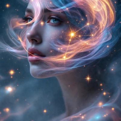 The primary subject of the image is a woman with long hair, who is the main focus of the scene. She is surrounded by a beautiful and colorful background, which includes a blue and orange hue. The visual style of the image is a combination of photo and digital art, creating a unique and artistic representation of the woman. The colors and mood of the image are vibrant and lively, with the woman's hair and the background creating a sense of movement and energy.